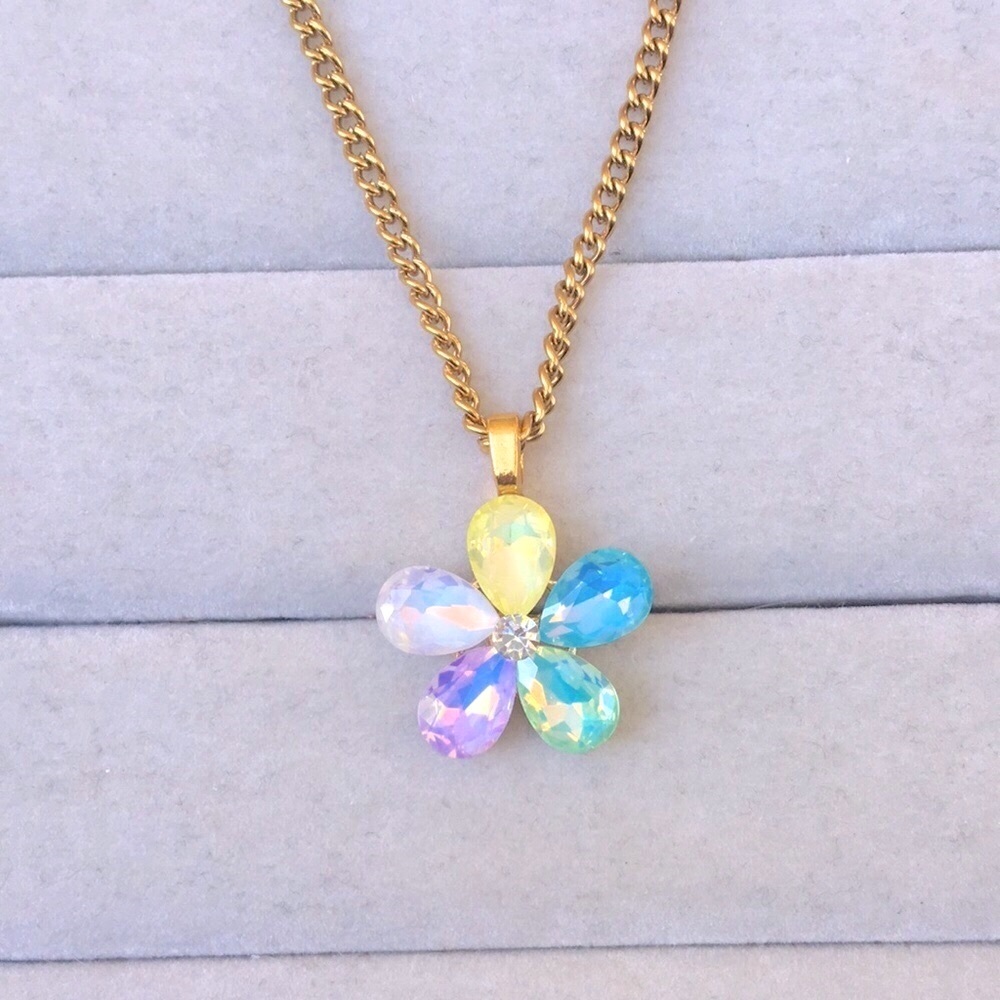Aquamarine, Peridot Pastel Rainbow Opal + Gold Crystal Flower Drop Boho Necklace